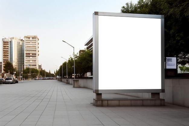 Un gran cartel blanco en una ciudad con un edificio al fondo.