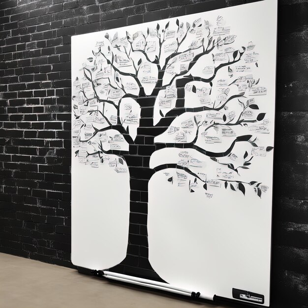 gran cartel en blanco en el fondo de la pared blanca renderizado 3 d Representación 3 d de un árbol en una pared