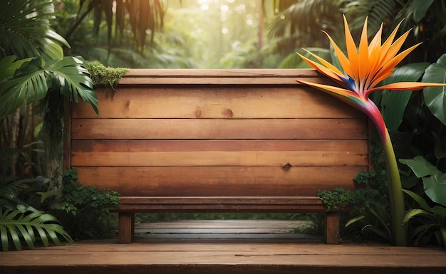 Un gran cartel de madera vacío con fondo de selva tropical