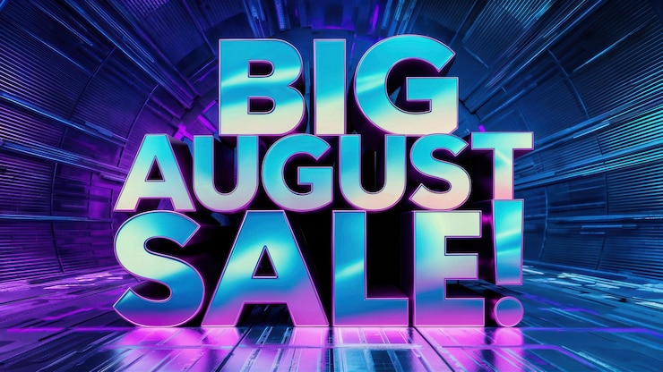Foto un gran cartel que dice gran venta de agosto en ai azul y púrpura