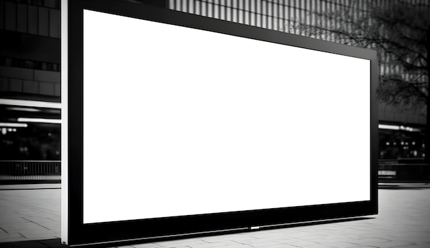 Una gran cartelera blanca está frente a una pantalla de anuncios de edificios con fines de marketing