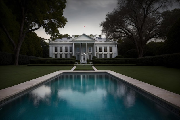 Foto una gran casa blanca con una piscina delante de ella