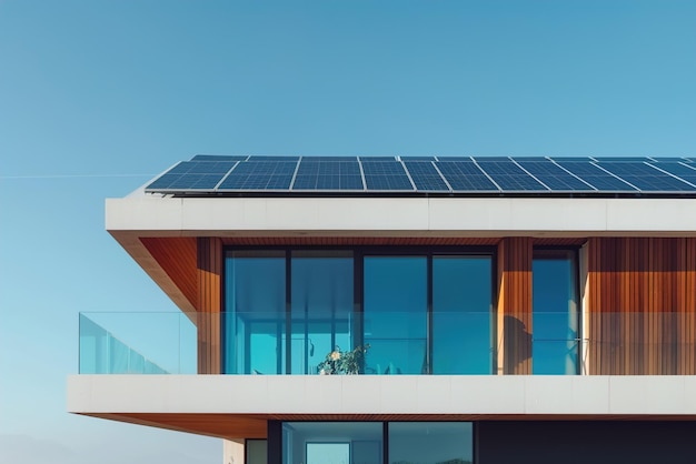 Una gran casa blanca con un techo azul y un balcón