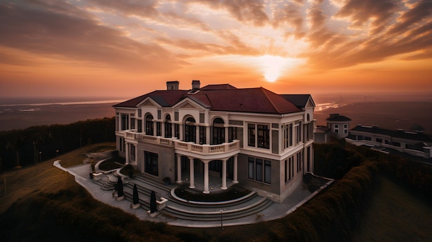 Foto gran casa moderna en el medio del bosque con vista superior a la puesta de sol