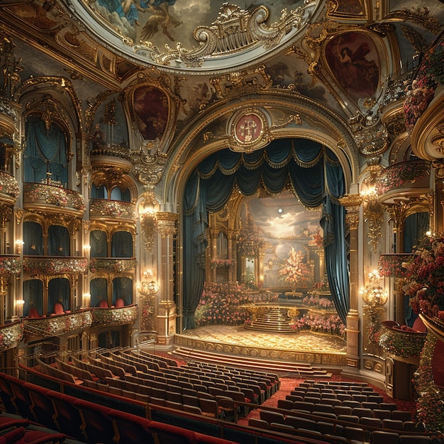 Gran casa de la ópera con detalles opulentos y un majestuoso escenario súper detallado