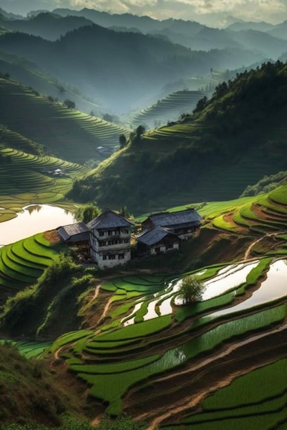 Gran casa sentada en la cima de una exuberante ladera verde generativa ai