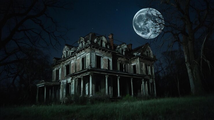 una gran casa vieja con una luna llena en el fondo