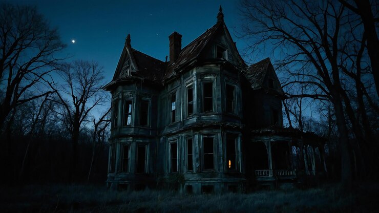 una gran casa vieja con una luna llena en el fondo