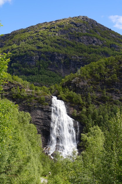 Gran cascada en los bosques de verano, noruega