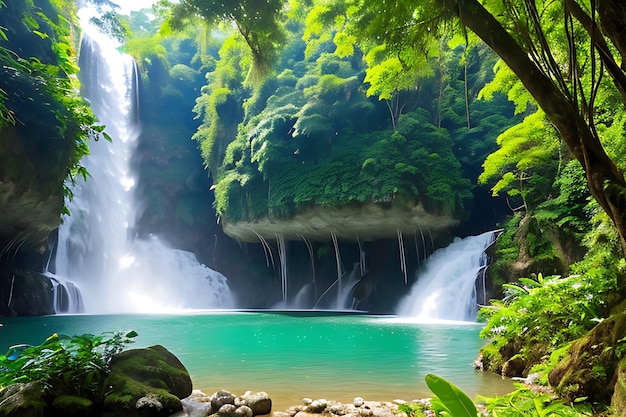 una gran cascada en medio de un exuberante bosque verde