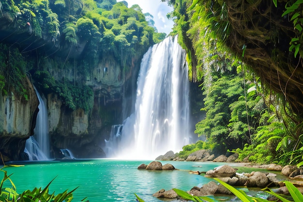 una gran cascada en medio de un exuberante bosque verde