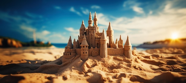 Gran castillo de arena intrincado en la playa durante un día de verano con un telón de fondo azulado de la ciudad AI generativa