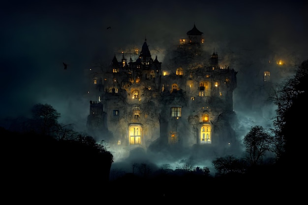 Gran castillo embrujado con muchas ventanas iluminadas en spooky misty dark halloween night arte generado por red neuronal