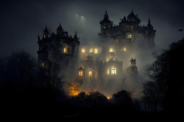 Gran castillo embrujado con muchas ventanas iluminadas en spooky misty dark halloween night arte generado por red neuronal