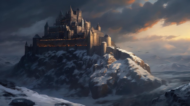 Gran castillo de fortaleza hiperrealista magnífico en una tundra nevada