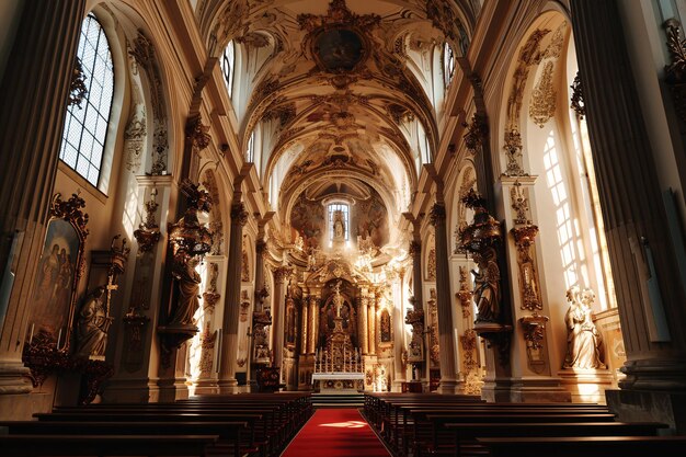 Foto una gran catedral con una alfombra roja y una estatua de una mujer ia generativa