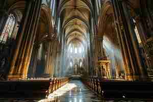 Foto una gran catedral con un largo pasillo y una gran ventana de vidriera generativa ai