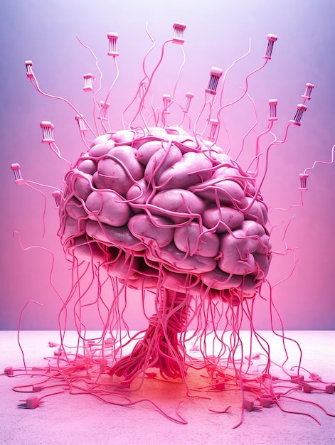 Gran cerebro humano rosado con muchos cables de audio conectados en este barin 3d render AI Generative