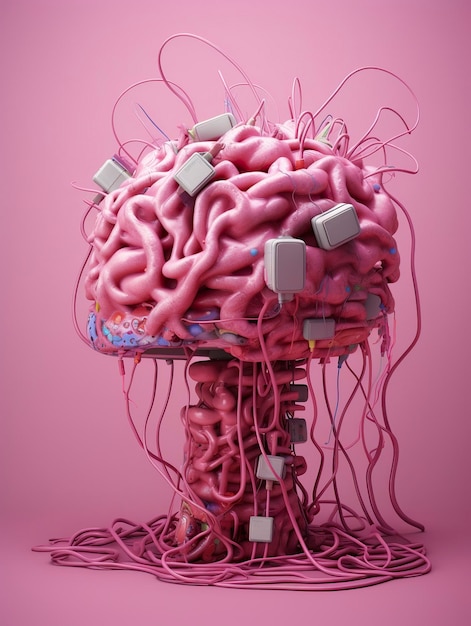 Gran cerebro humano rosado con muchos cables de audio conectados en este barin 3d render AI Generative