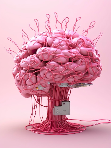 Gran cerebro humano rosado con muchos cables de audio conectados en este barin 3d render AI Generative