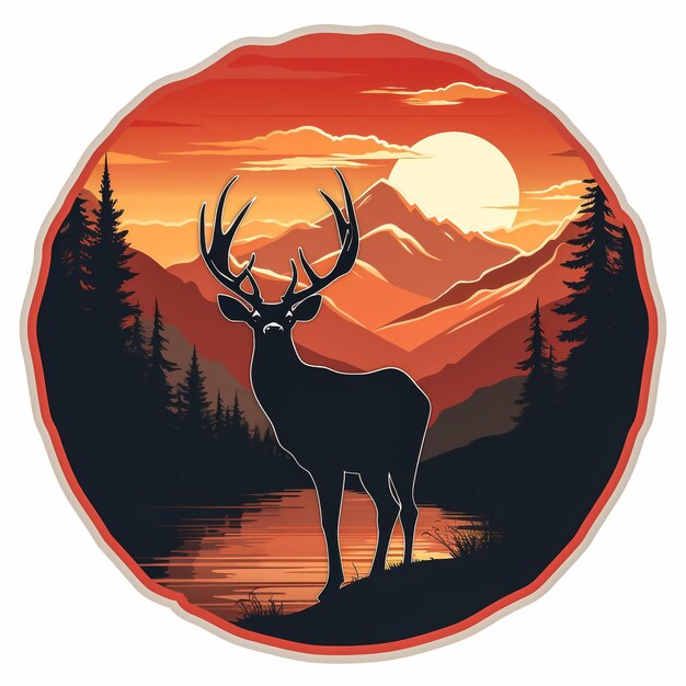 Foto el gran ciervo vintage en el bosque de pinos la noche la luna ilustración vectorial del logotipo