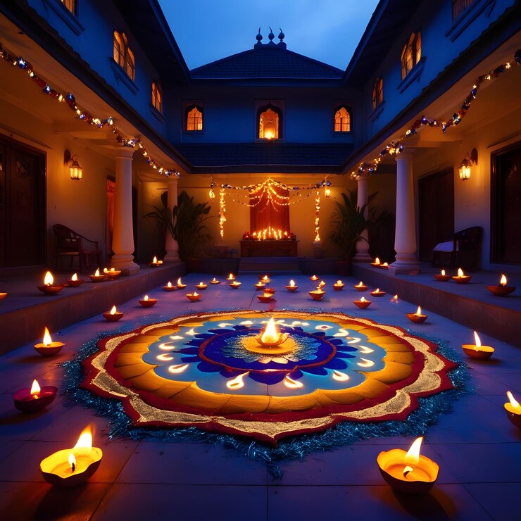 un gran círculo de velas en un patio con un gran círcolo de flores en el medio