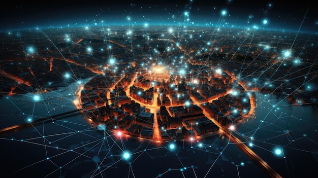 gran ciudad por la noche con líneas de red conectadas a satélites paisajes urbanos formas circulares fotografía industrial