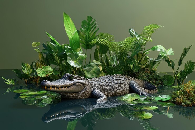 Foto un gran cocodrilo está nadando en un estanque con muchas plantas