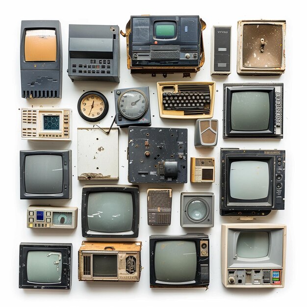 una gran colección de computadoras viejas y otros residuos electrónicos viejos