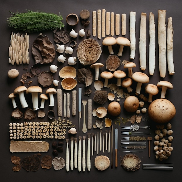 Foto una gran colección de hongos y otros artículos se muestran en una mesa.