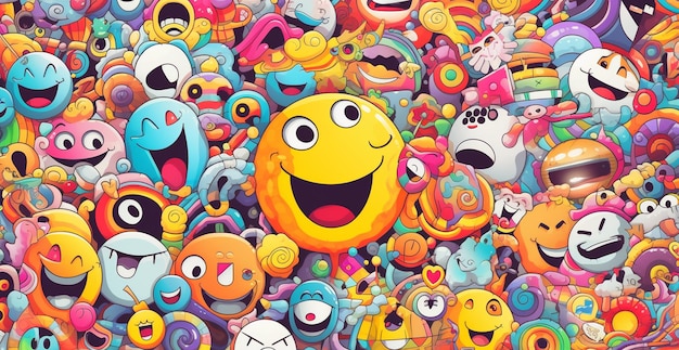 una gran colección de juguetes coloridos incluyendo uno que tiene una cara que dice es feliz