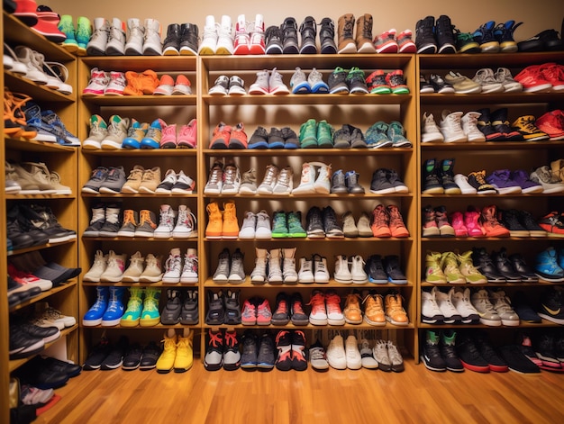 Foto una gran colección de zapatos se encuentra en un estante en una habitación con un zapatero.