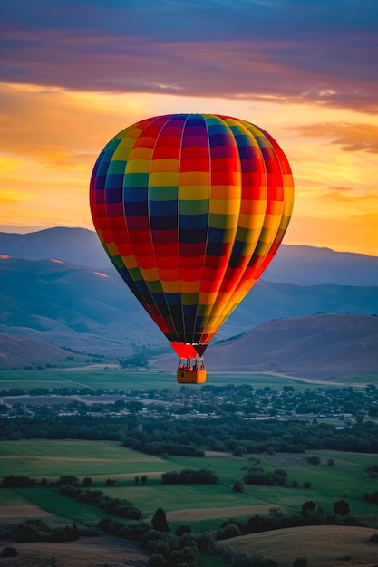 Gran colorido globo aerostático volando sobre un exuberante valle verde bajo un cielo colorido IA generativa