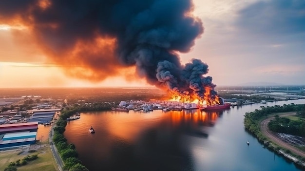 Foto una gran columna de humo negro que sale del cielo