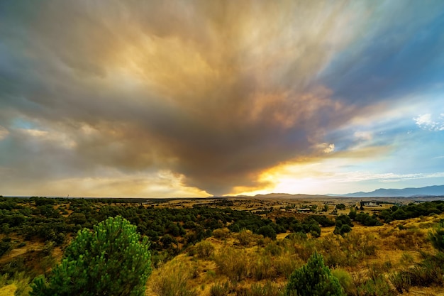 Gran columna de humo sobre el cielo de un incendio forestal en las montañas de Madrid, España.