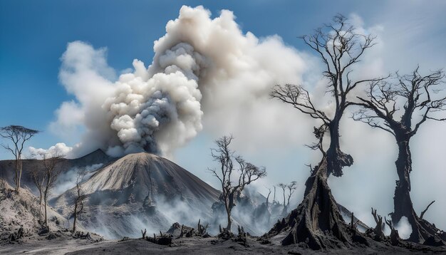 una gran columna de humo se ve detrás de un gran volcán