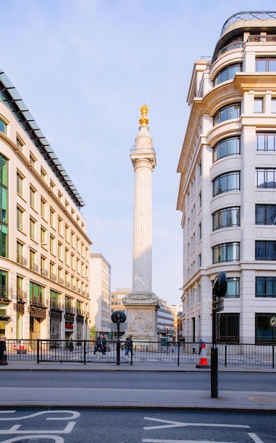 Gran columna del monumento al fuego en la ciudad de Londres en el Reino Unido. Arquitectura conmemorativa histórica de la estatua. Ver la escultura inglesa en el casco antiguo, Inglaterra, Reino Unido, en primavera durante el día.