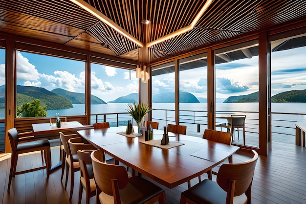 Un gran comedor con un gran ventanal con vista a un lago.