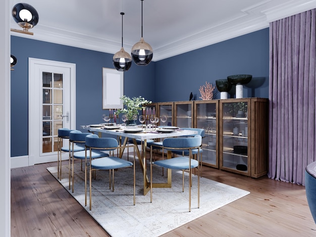 Gran comedor y mesa de comedor, con una cocina de diseño moderno y moderno, muebles de madera, interior en marrón y azul. Representación 3D.