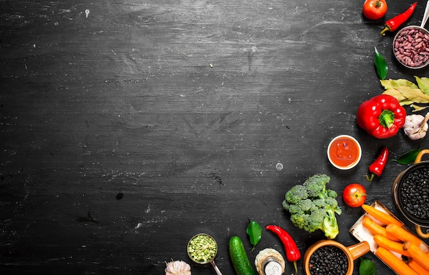 Gran conjunto de alimentos orgánicos. Verduras crudas frescas.