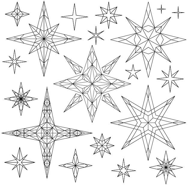 Gran conjunto de estrellas elegantes Diseño de línea intrincado de triángulos y líneas Estrellas vectoriales sobre fondo blanco Imagen estrellada para logotipos iconos banners sitios web identidad corporativa tarjeta de visita EPS10