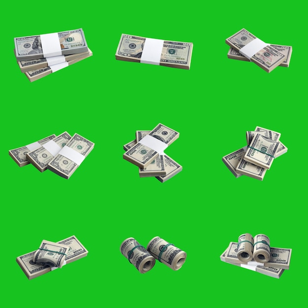 Gran conjunto de fajos de billetes de dólares estadounidenses aislados en croma verde clave Collage con muchos paquetes de dinero estadounidense con alta resolución sobre fondo verde perfecto