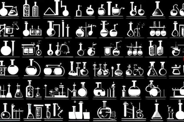 Gran conjunto de laboratorio de química y iconos diagrámicos que muestran experimentos variados de vidrio