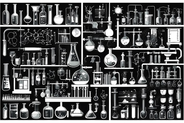 Foto gran conjunto de laboratorio de química y iconos diagrámicos que muestran experimentos variados de vidrio