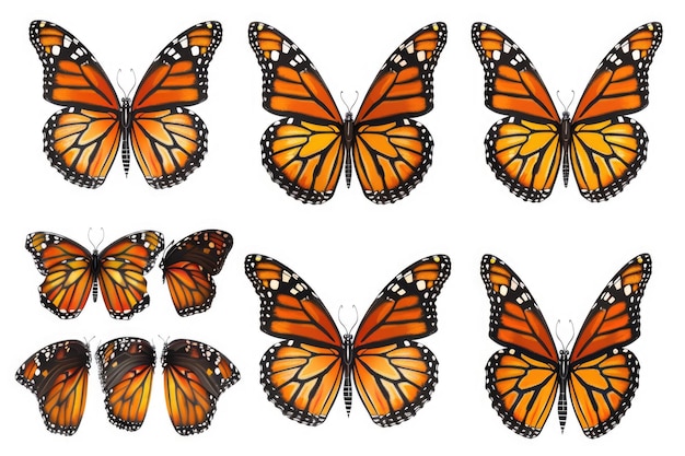 Foto gran conjunto mariposa monarca aislada sobre fondo blanco
