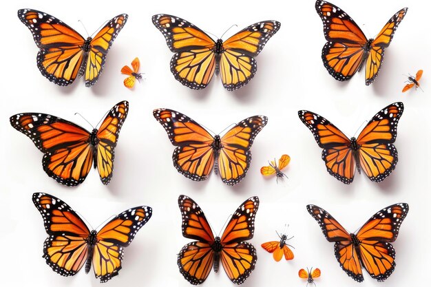 Gran conjunto Mariposa monarca aislada sobre fondo blanco