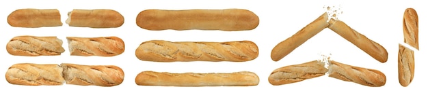 Foto un gran conjunto de pan largo blanco sobre un fondo blanco aislado baguette de pan blanco partido por la mitad foto para insertar en un diseño o proyecto