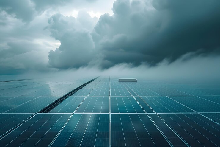 Un gran conjunto de paneles solares bajo un cielo nublado