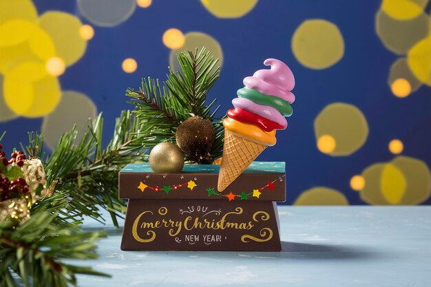Gran cono en la mesa con una rama de thuja Bokeh amarillo sobre fondo azul Feliz Navidad y tarjeta de Año Nuevo