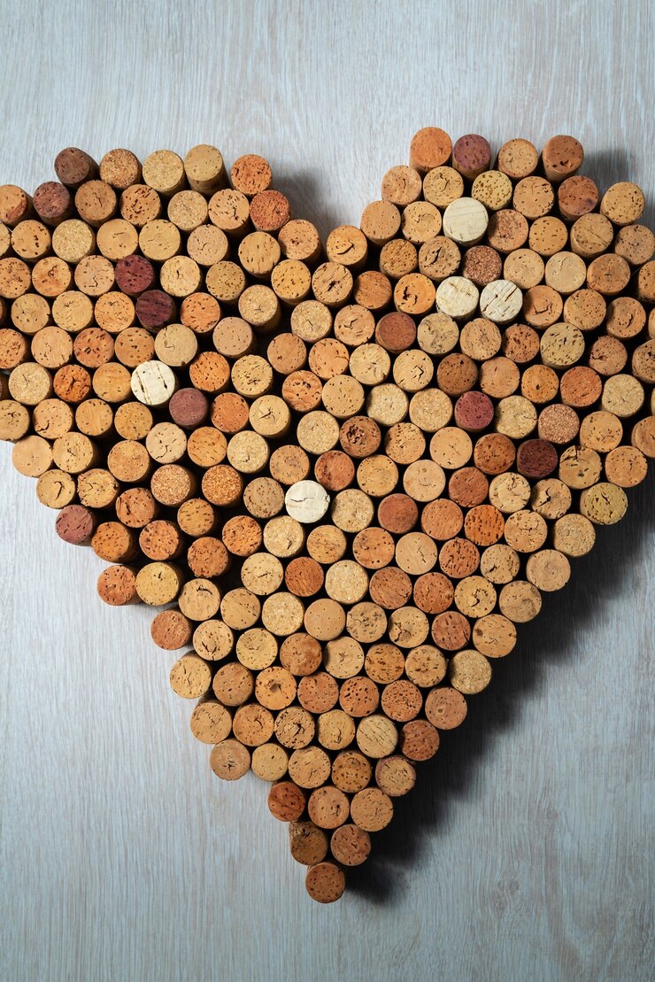 Foto gran corazón de corcho corchos de vino sobre fondo de madera, diseño de vino concent